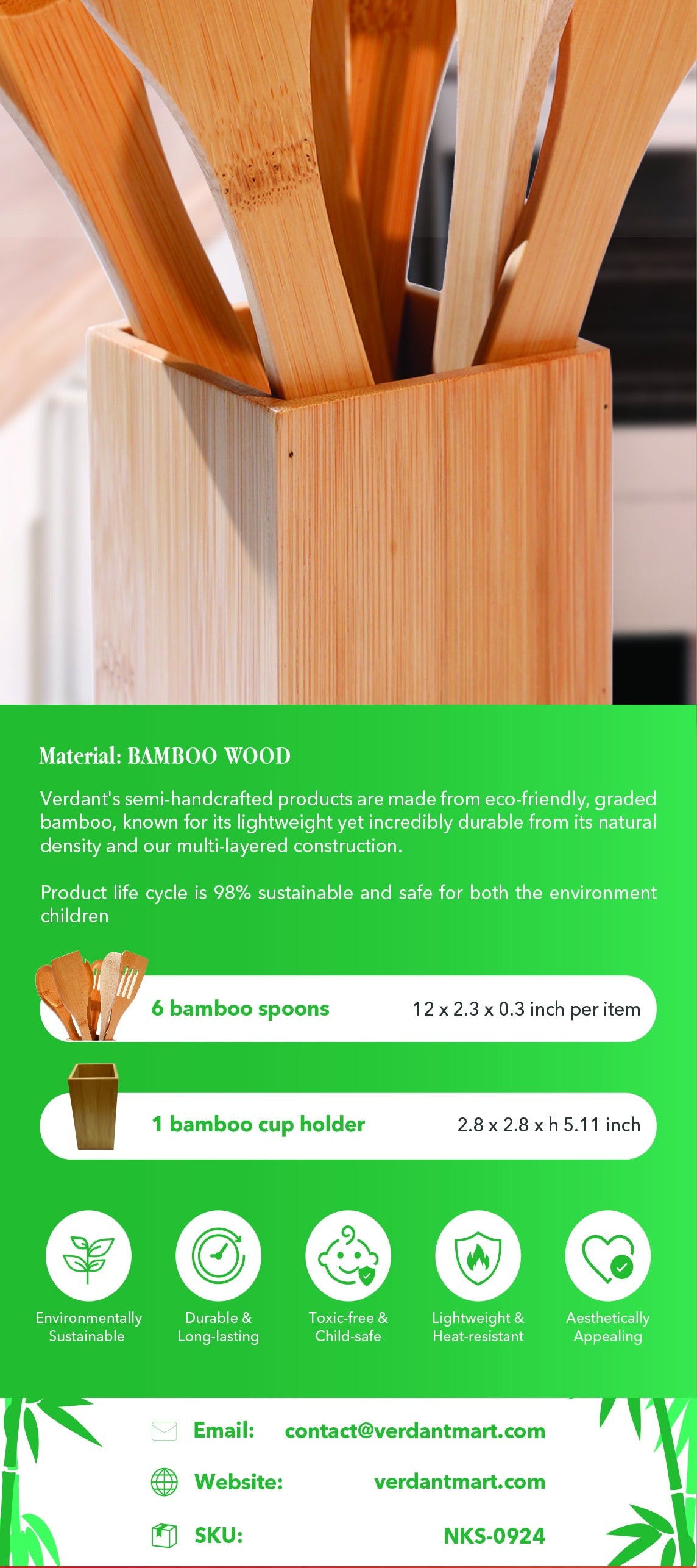 Bamboo Kitchen Utensil Set, 6 Tools & Holder โ Unique Housewarming, Motherโs Day, Christmas Gift, Kitchenware, Gifts for mom.