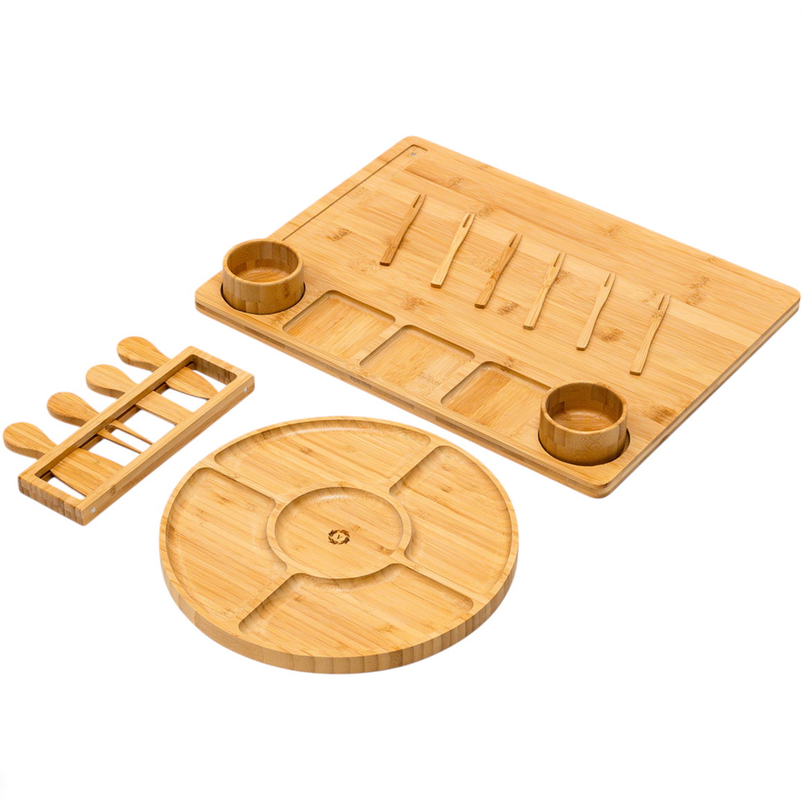 Bamboo Charcuterie Board Set, Rectangle & Round Trays, Cups, ToolsโHousewarming Gift, Wedding Realtor Closing Gift.!