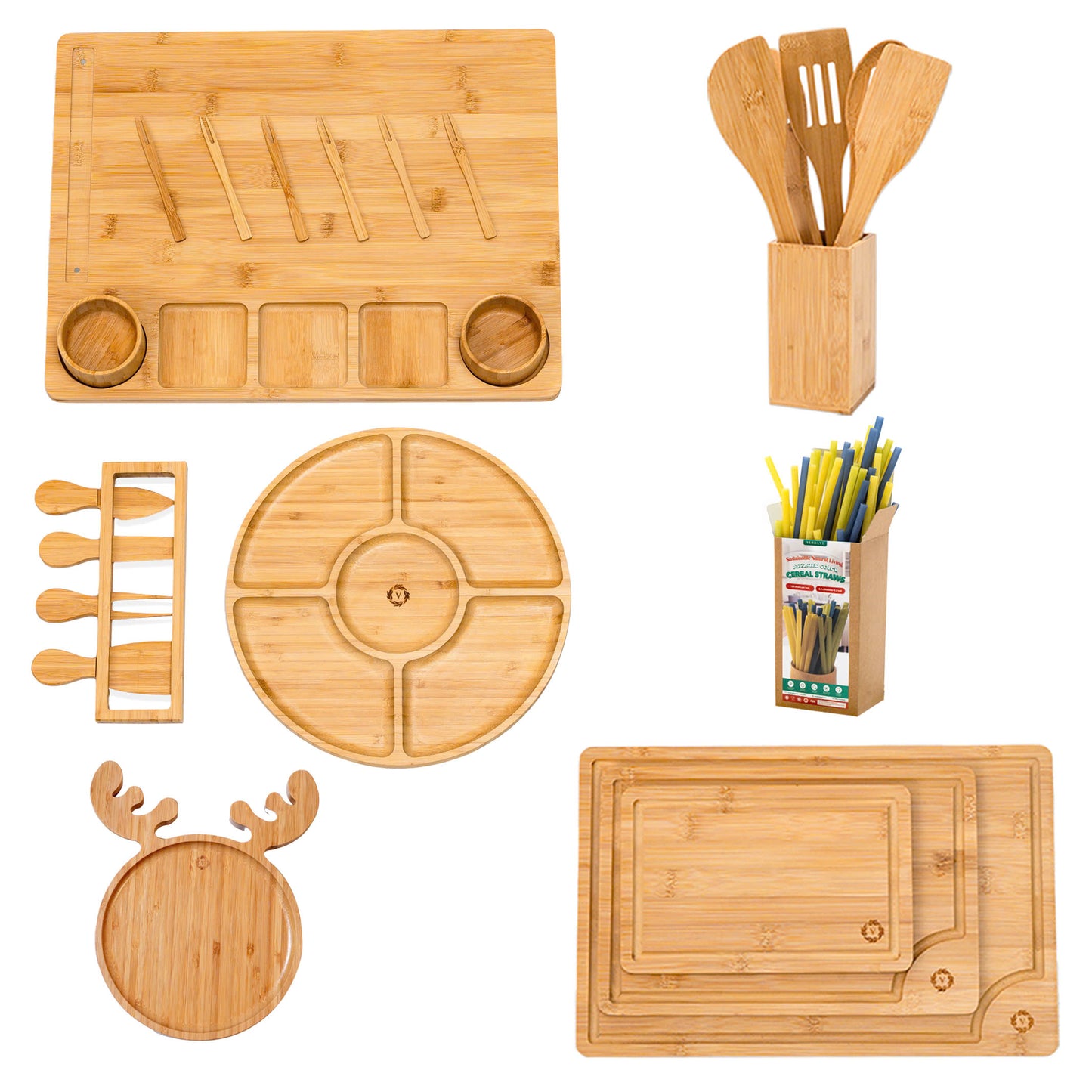 Bamboo Kitchen Utensil Bundle - Thoughtful Housewarming Gift Package For New Home & Married Couples! Cooking Utensils, Charcuterie Trays.
