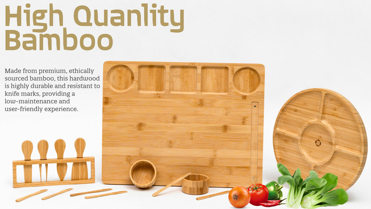 Bamboo Charcuterie Board Set, Rectangle & Round Trays, Cups, ToolsโHousewarming Gift, Wedding Realtor Closing Gift.!