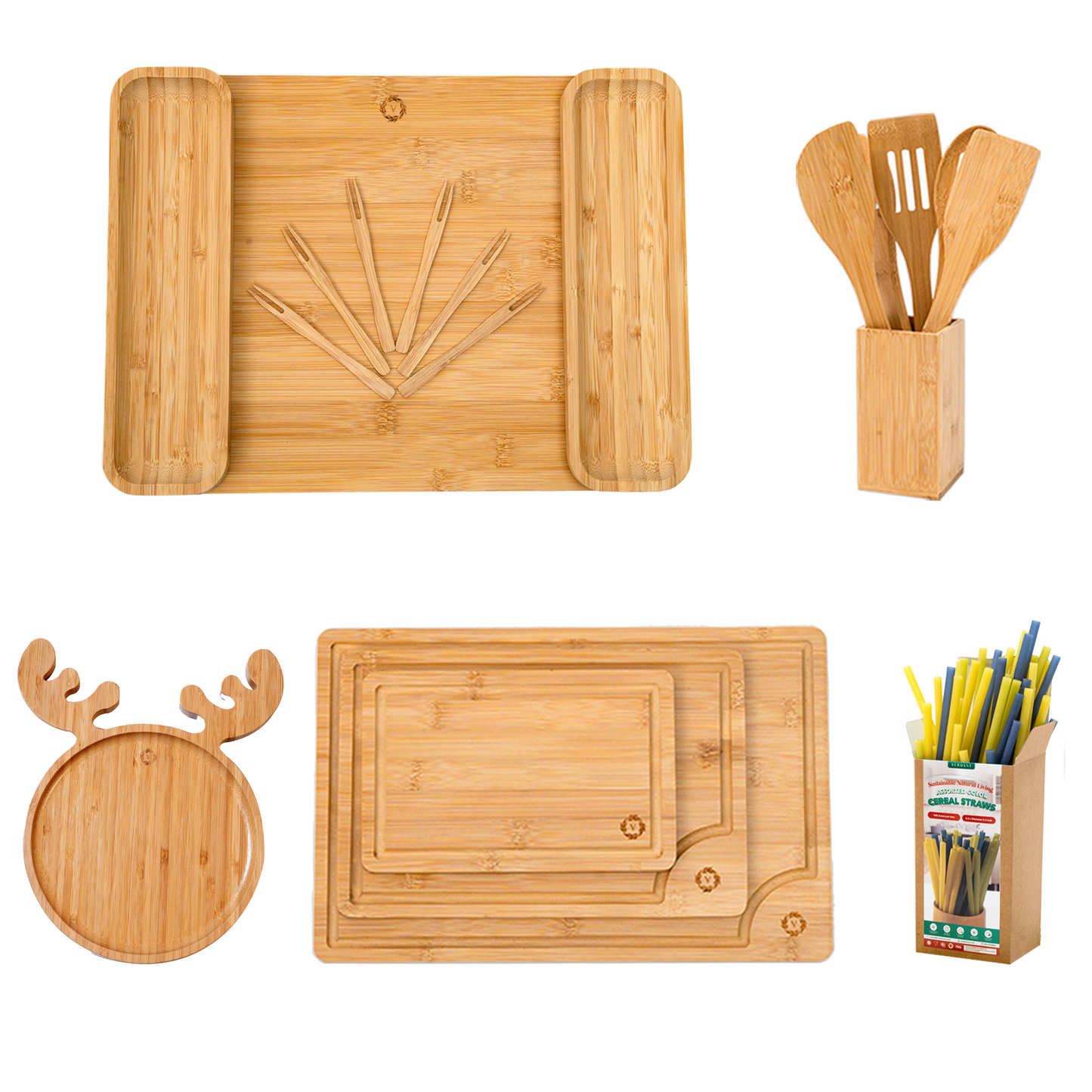 Bamboo Kitchen Utensils Bundle - Thoughtful Gift for Moms, Bridesmaids & Birthdays, Housewarming, New Home & Couple - Cooking Utensils, Cold Serving Tray, Cutting Board.