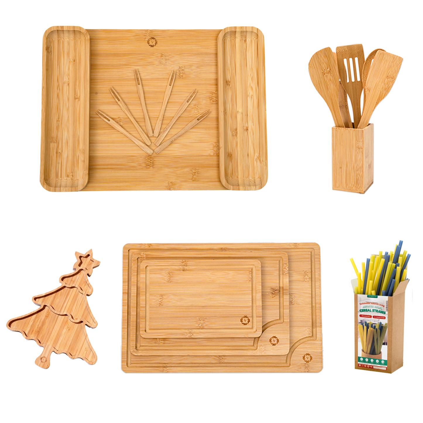 Bamboo Kitchen Utensils Bundle - Thoughtful Gift for Moms, Bridesmaids & Birthdays, Housewarming, New Home & Couple - Cooking Utensils, Cold Serving Tray, Cutting Board.