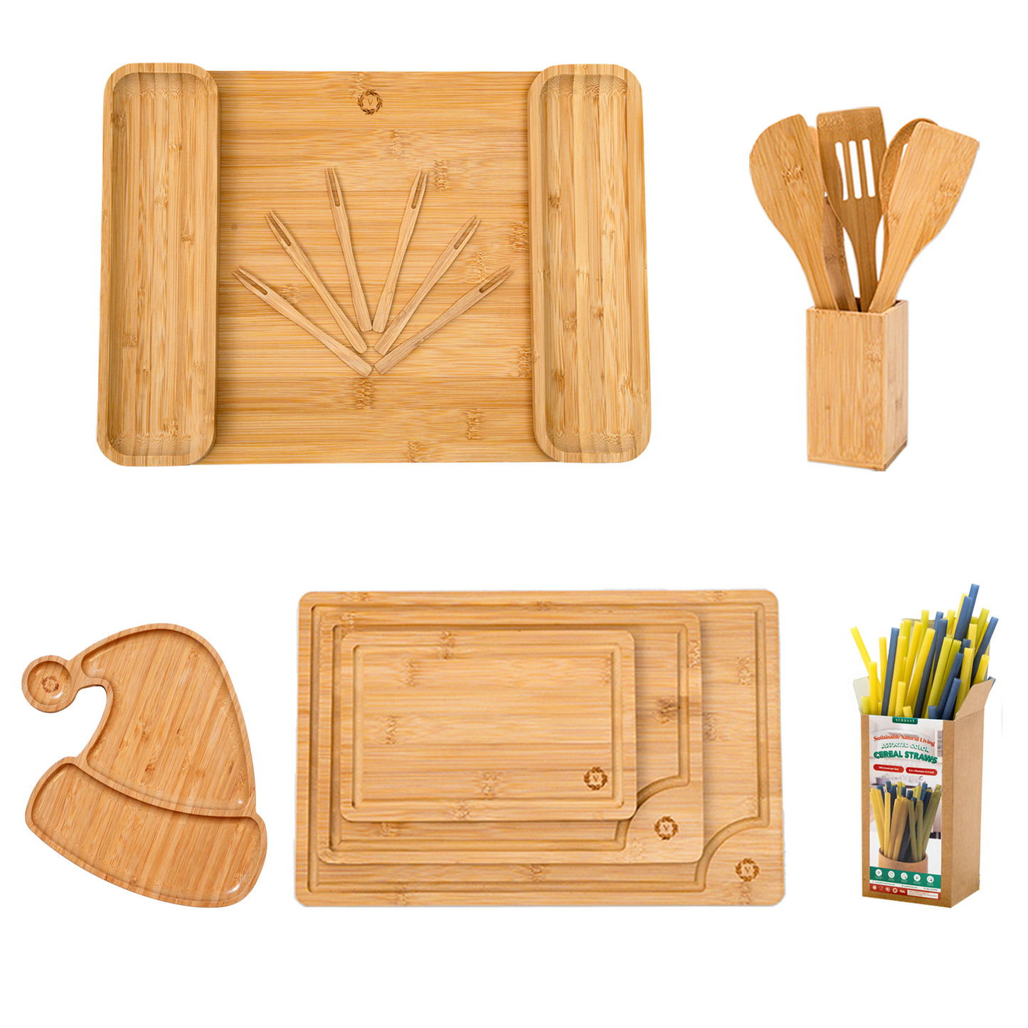 Bamboo Kitchen Utensils Bundle - Thoughtful Gift for Moms, Bridesmaids & Birthdays, Housewarming, New Home & Couple - Cooking Utensils, Cold Serving Tray, Cutting Board.