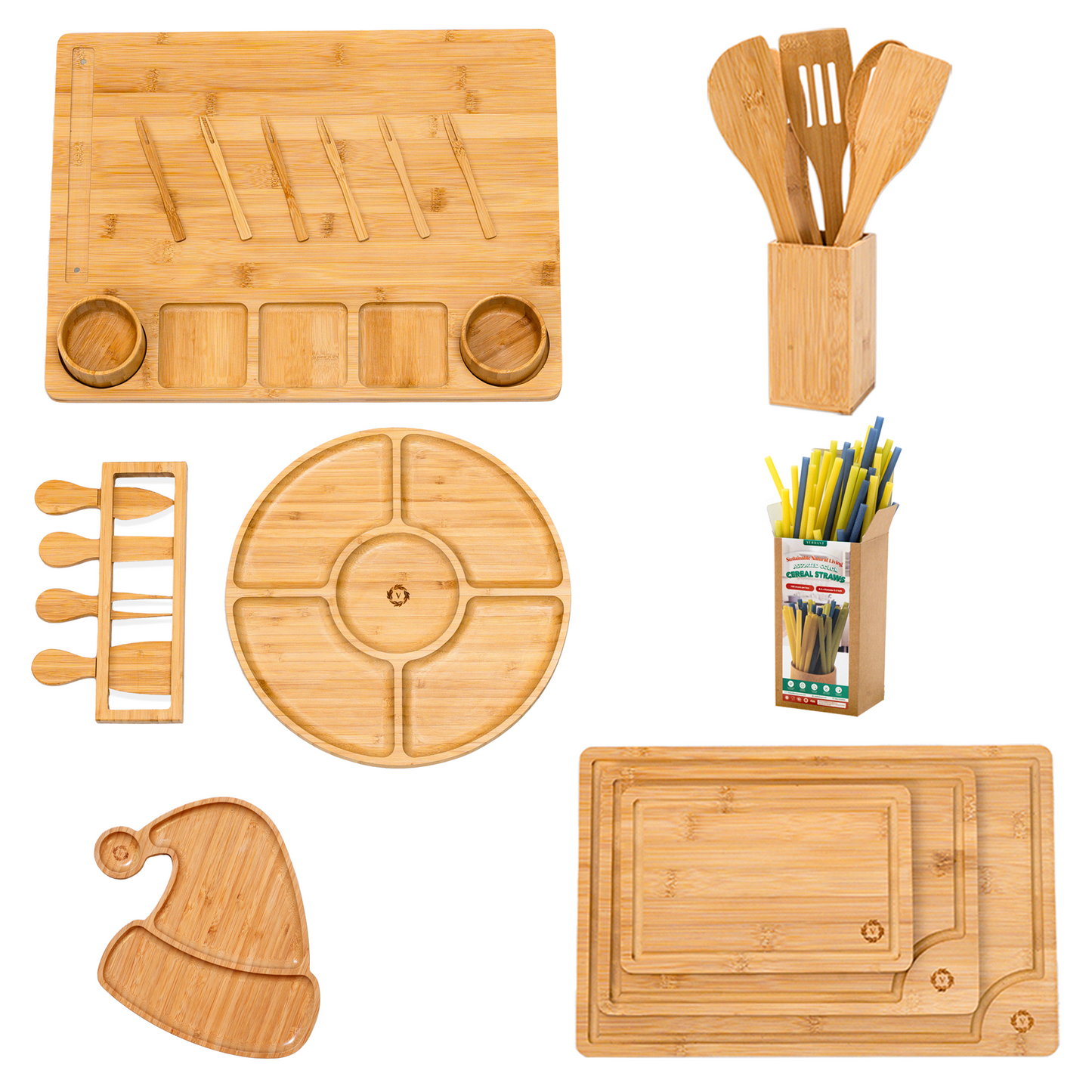 Bamboo Kitchen Utensil Bundle - Thoughtful Housewarming Gift Package For New Home & Married Couples! Cooking Utensils, Charcuterie Trays.
