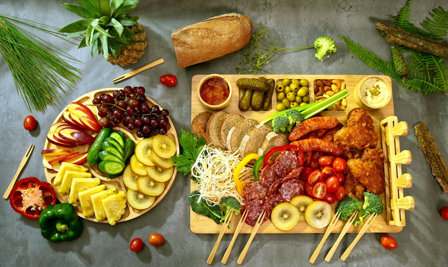 Bamboo Charcuterie Board Set, Rectangle & Round Trays, Cups, ToolsโHousewarming Gift, Wedding Realtor Closing Gift.!