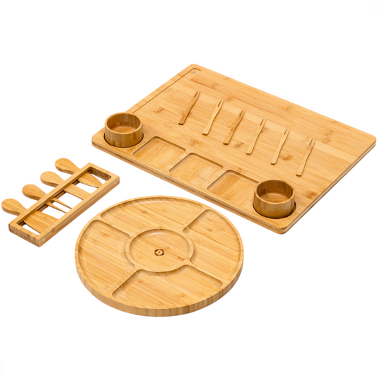 Bamboo Charcuterie Board Set, Rectangle & Round Trays, Cups, Tools–Housewarming Gift, Wedding Realtor Closing Gift.!