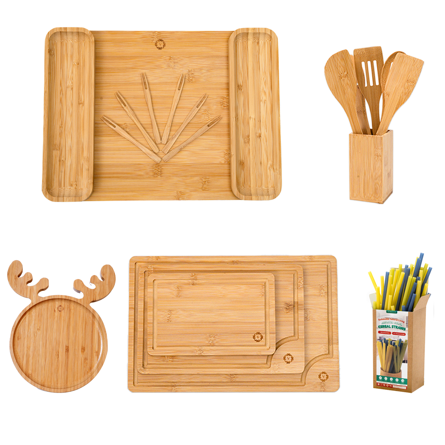 Thoughful Gift for Moms, Bridesmaids & Birthdays - Bamboo Kitchen Utensils Bundle - Cooking Utensils, Cold Serving Tray, Cutting Board.