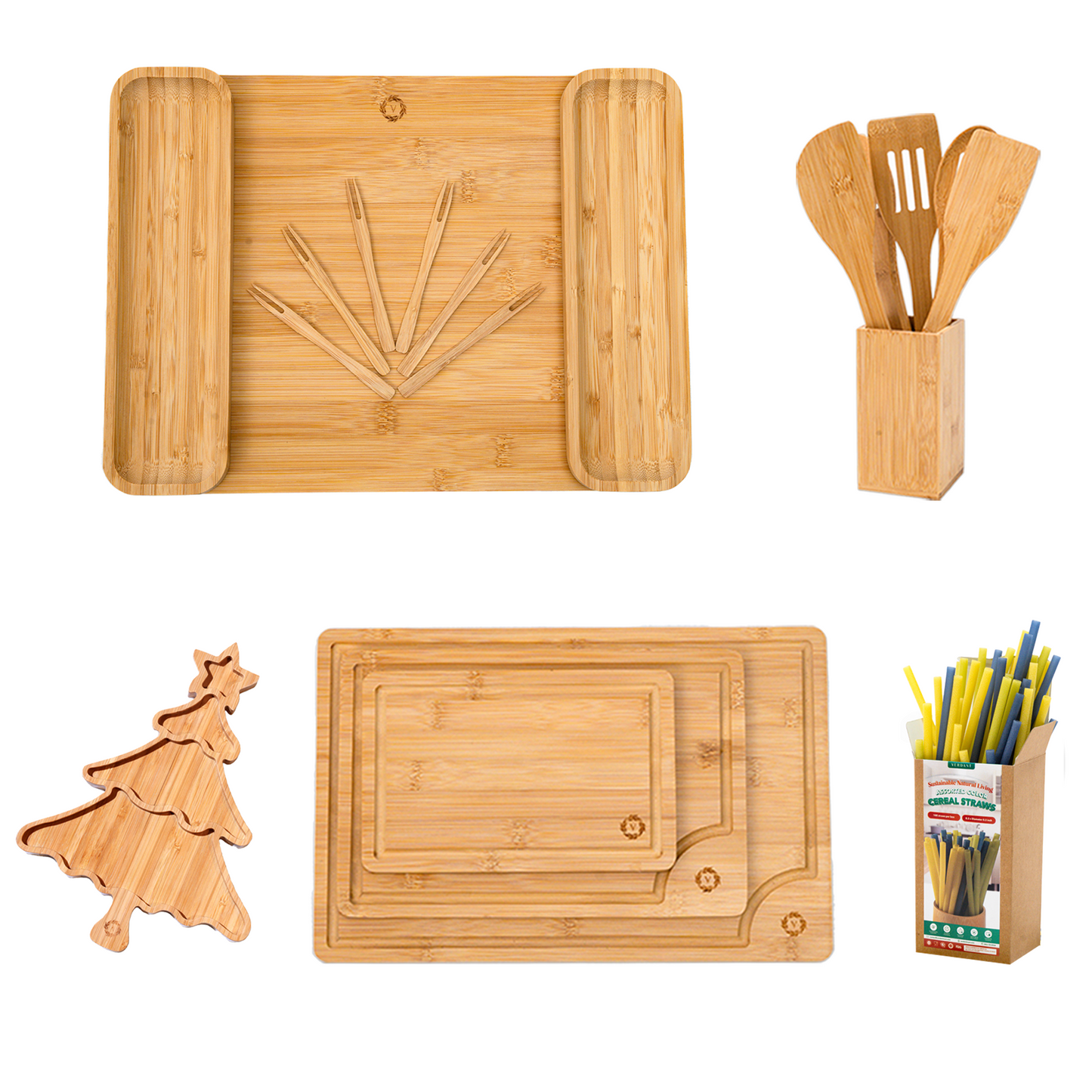 Thoughful Gift for Moms, Bridesmaids & Birthdays - Bamboo Kitchen Utensils Bundle - Cooking Utensils, Cold Serving Tray, Cutting Board.