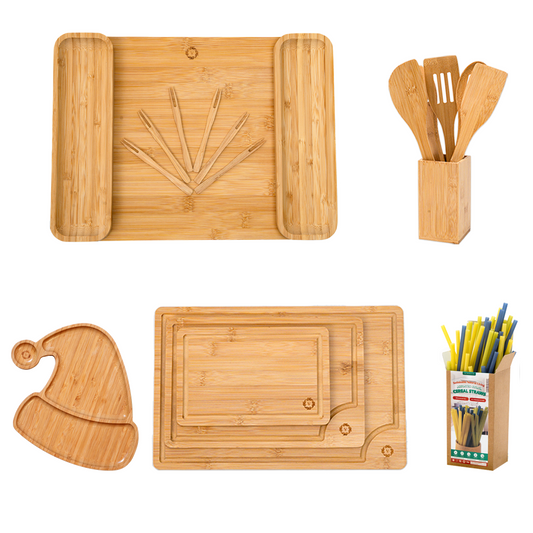 Thoughful Gift for Moms, Bridesmaids & Birthdays - Bamboo Kitchen Utensils Bundle - Cooking Utensils, Cold Serving Tray, Cutting Board.