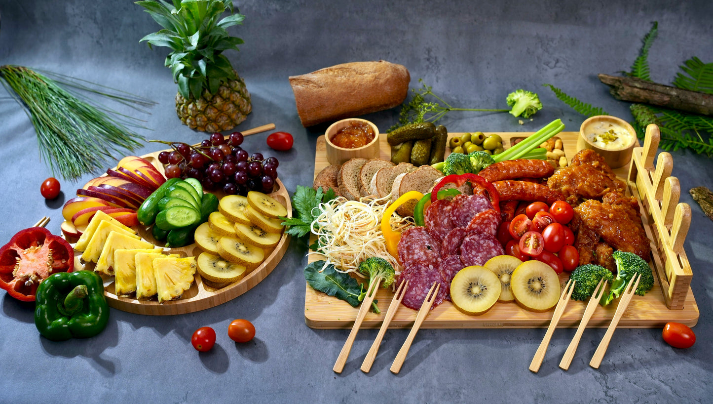 Bamboo Charcuterie Board Set, Rectangle & Round Trays, Cups, Tools–Housewarming Gift, Wedding Realtor Closing Gift.!